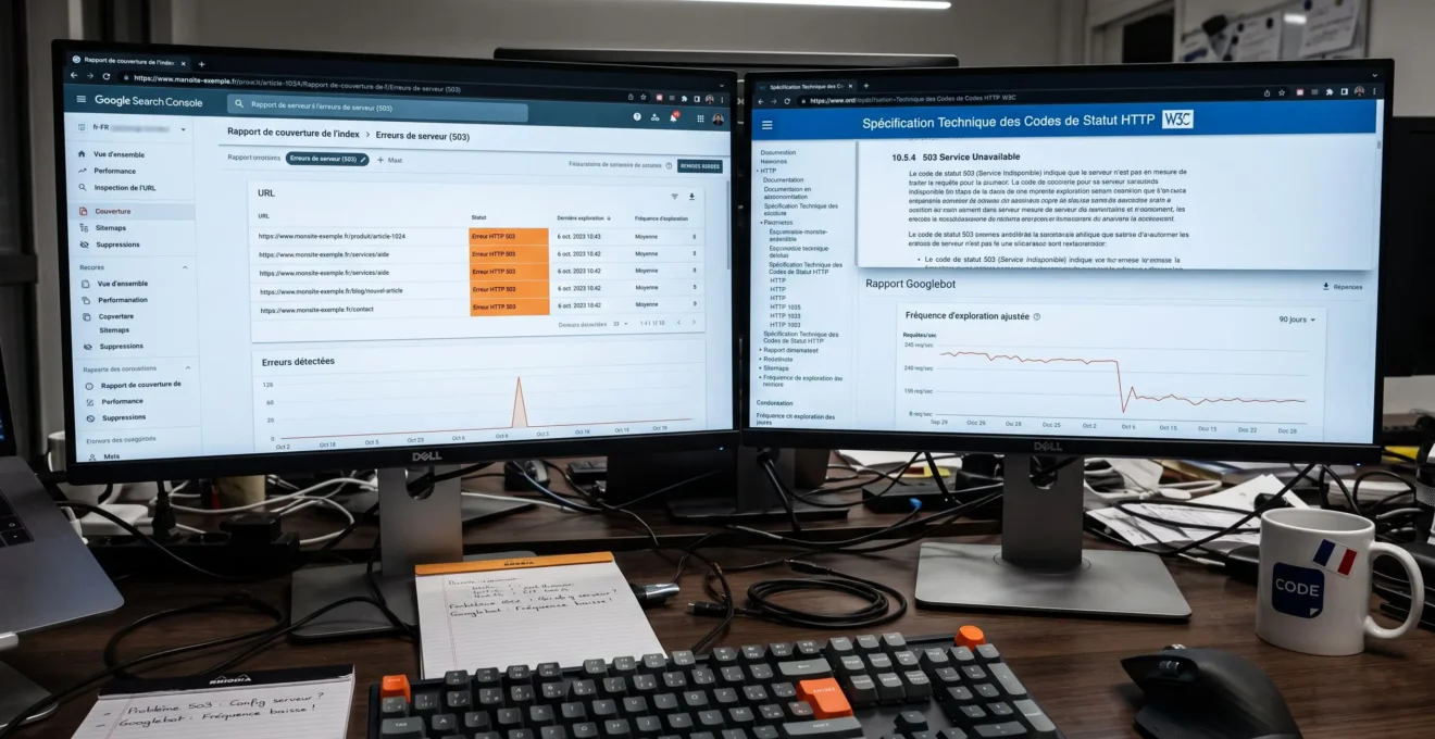 Écran affichant console Google Search française avec liste de codes de statut HTTP 503 en surbrillance orange, rapport d'exploration Googlebot, documentation technique W3C ouverte, environnement de travail développeur