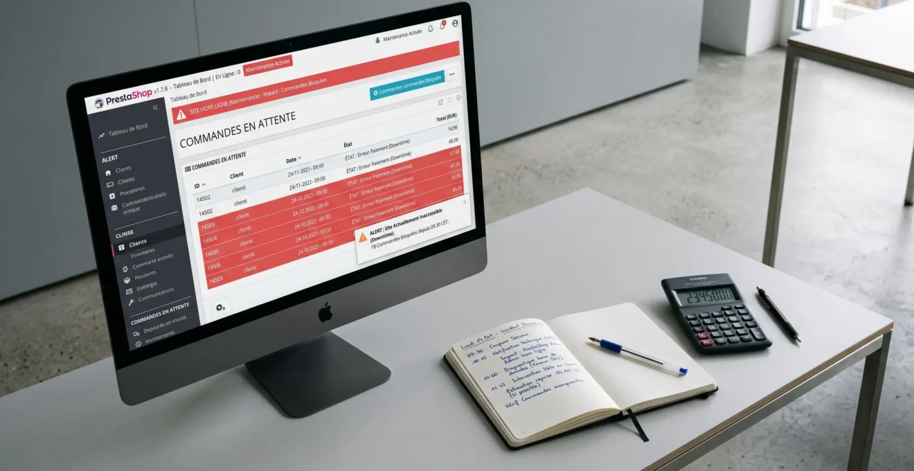 Écran d'ordinateur Apple affichant interface de boutique en ligne française avec commandes en attente signalées en rouge, calculatrice et carnet de notes manuscrits à proximité, bureau minimaliste
