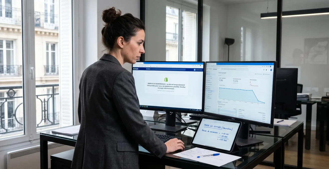 Responsable e-commerce debout devant deux écrans affichant interface de boutique avec message de maintenance et graphique analytique montrant chute brutale du trafic, tablette avec calculs de pertes sur bureau contemporain lumineux