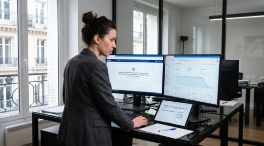 Responsable e-commerce debout devant deux écrans affichant interface de boutique avec message de maintenance et graphique analytique montrant chute brutale du trafic, tablette avec calculs de pertes sur bureau contemporain lumineux